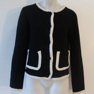 Womens Elie Tahari Black White Wool Cotton Thick Knit Button Cardigan Sweater L